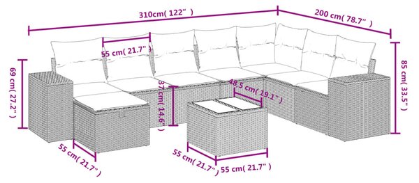 9 részes vegyes bézs polyrattan kerti ülőgarnitúra párnákkal