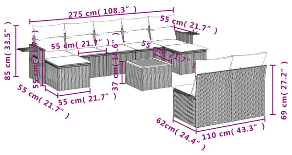 10 részes bézs polyrattan kerti ülőgarnitúra párnával