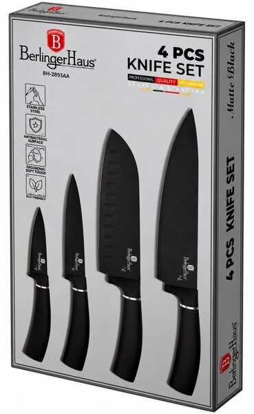BERLINGER HAUS Matte Black Rozsdamentes bevonatos késkészlet dobozban 4 db fekete színben BH-2893A
