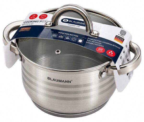BLAUMANN Gourmet Line Rozsdamentes fazék üvegfedővel 16x10,5 cm 1,8 L ezüst színben INDukciós BL-1018A-W