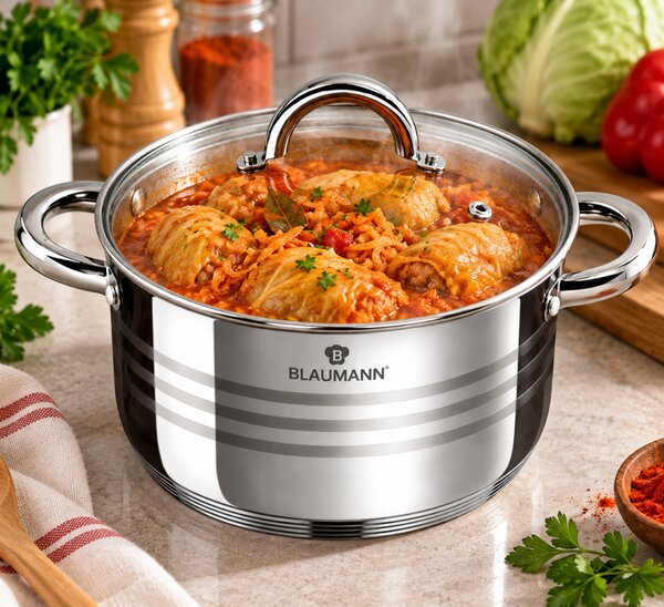 BLAUMANN Gourmet Line Rozsdamentes fazék üvegfedővel 16x11,5 cm 2,1L ezüst színben INDUKCIÓS BL-1006A-W