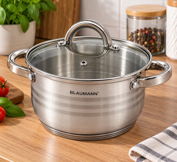 BLAUMANN Gourmet Line Rozsdamentes fazék üvegfedővel 16x10,5 cm 1,8 L ezüst színben INDukciós BL-1018A-W