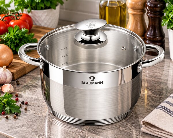 BLAUMANN Silver Jewellery Rozsdamentes fazék 18x13cm 3,2L üvegfedővel ezüst színben INDUKCIÓS BL-3816W