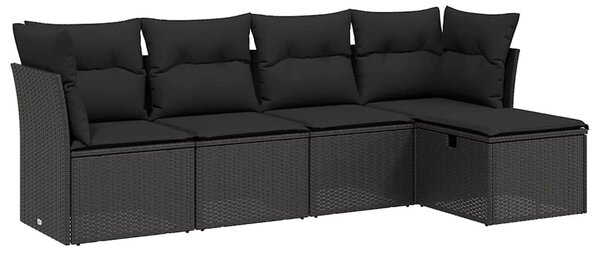 5 részes fekete polyrattan kerti kanapészett párnákkal