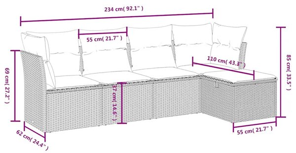 5 részes fekete polyrattan kerti kanapészett párnákkal
