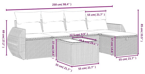 6 részes fekete polyrattan kerti ülőgarnitúra párnákkal