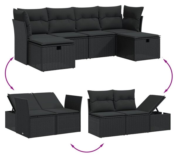6 részes fekete polyrattan kerti ülőgarnitúra párnákkal