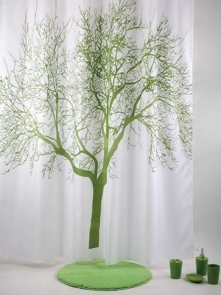 BISK Erga Peva, zuhanyfüggöny 180x200cm, poliészter, fehér-zöld fa mintás, ERG-04439