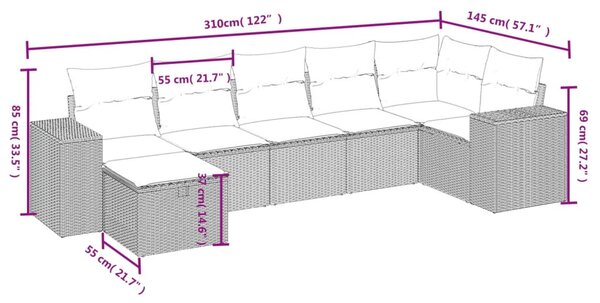 7 részes fekete polyrattan kerti ülőgarnitúra párnával