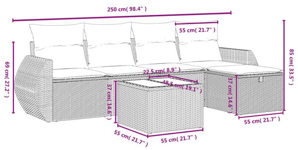 6 részes fekete polyrattan kerti ülőgarnitúra párnákkal