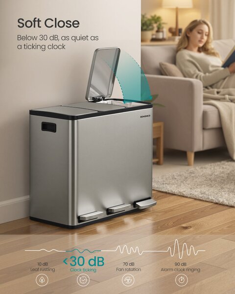 SONGMICS 3 x 18L szelektív konyhai szemetes, lágy záródás, ezüst