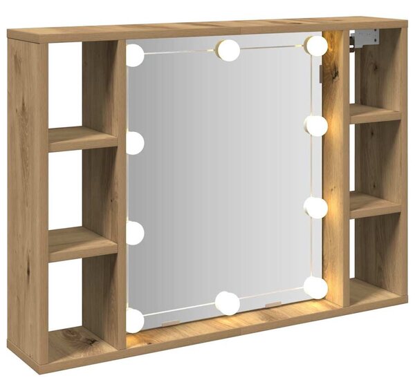 Kézműves tölgy szerelt fa tükrös szekrény LED-ekkel 76x15x55 cm