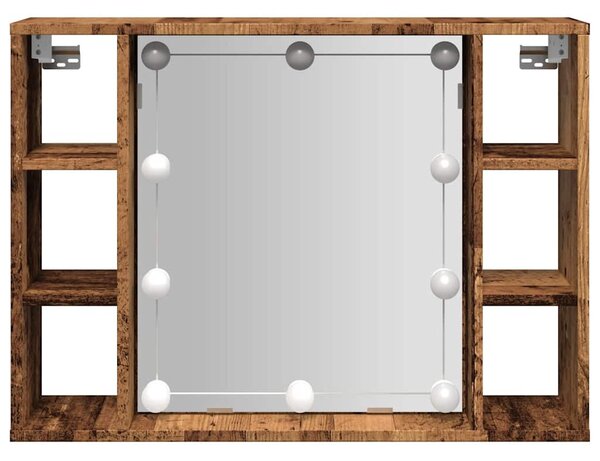 Antik fa színű szerelt fa tükrös szekrény LED-ekkel 76x15x55 cm