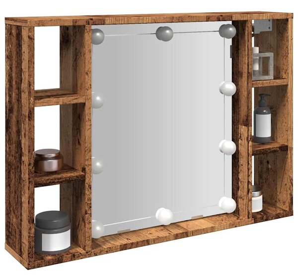 Antik fa színű szerelt fa tükrös szekrény LED-ekkel 76x15x55 cm