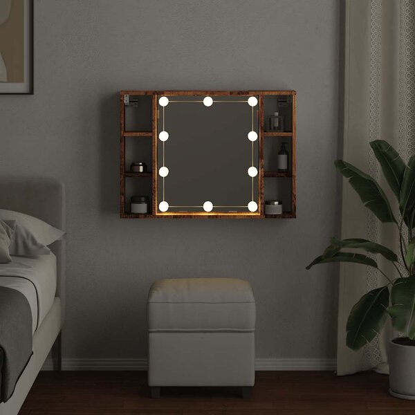 Antik fa színű szerelt fa tükrös szekrény LED-ekkel 76x15x55 cm