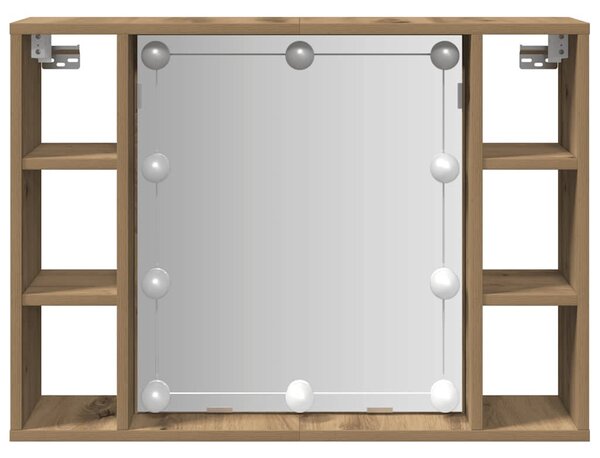 Kézműves tölgy szerelt fa tükrös szekrény LED-ekkel 76x15x55 cm