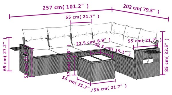 7 részes bézs polyrattan kerti ülőgarnitúra párnákkal