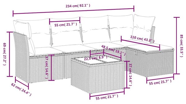 6 részes fekete polyrattan kerti ülőgarnitúra párnákkal