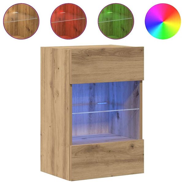 2 db kézműves tölgy színű fali szekrények LED világítással TV-hez 40x30x60,5cm
