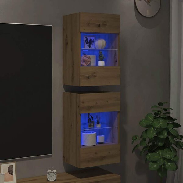 2 db kézműves tölgy színű fali szekrények LED világítással TV-hez 40x30x60,5cm