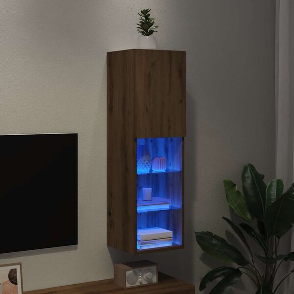 Kézműves tölgy színű TV-szekrény LED-lámpákkal 30,5x30x102 cm