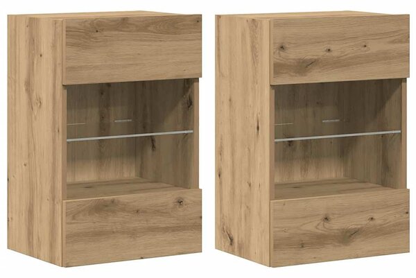 2 db kézműves tölgy színű fali szekrények LED világítással TV-hez 40x30x60,5cm