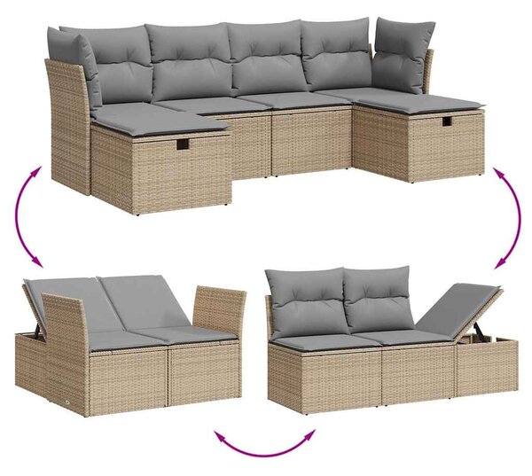 6 részes vegyes bézs polyrattan kerti ülőgarnitúra párnákkal