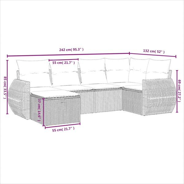 6 részes fekete polyrattan kerti ülőgarnitúra párnákkal