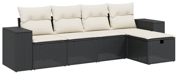 5 részes fekete polyrattan kerti kanapészett párnákkal