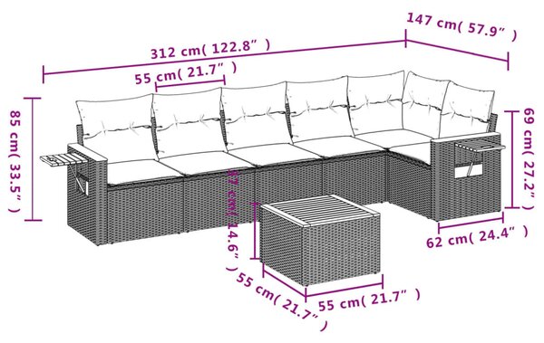 7 részes bézs polyrattan kerti ülőgarnitúra párnákkal