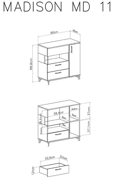 Madison MD11 komód fiókkal 90 cm - fekete / biszkit tölgy