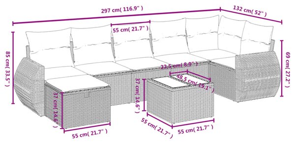 8 részes fekete polyrattan kerti ülőgarnitúra párnákkal