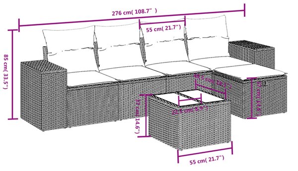 6 részes fekete polyrattan kerti ülőgarnitúra párnákkal