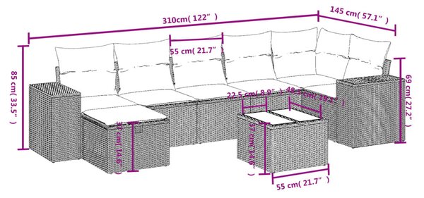 8 részes fekete polyrattan kerti ülőgarnitúra párnákkal