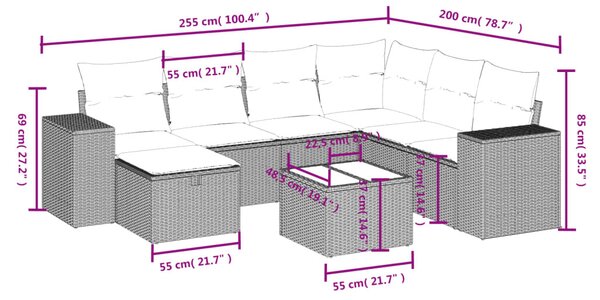 8 részes fekete polyrattan kerti ülőgarnitúra párnákkal