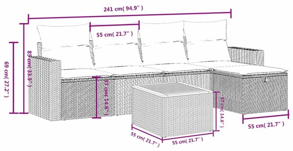 6 részes fekete polyrattan kerti ülőgarnitúra párnákkal