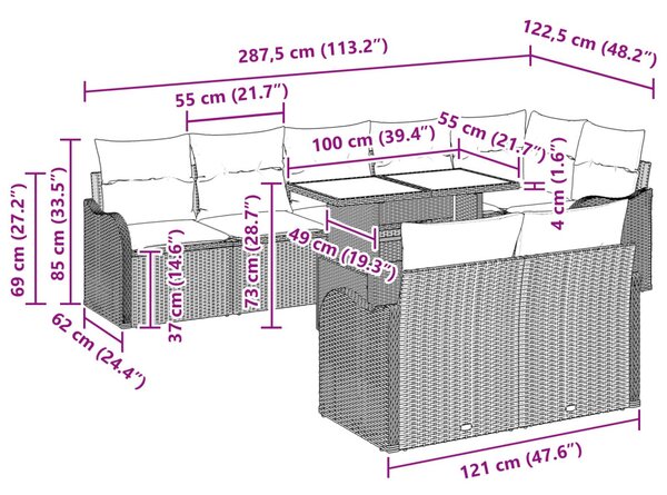 Kerti Kanapé Szett párnával 9 pcs Világosszürke Poly Rattan