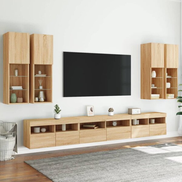 7 darab sonoma tölgy színű falra szerelhető TV-szekrény LED-del