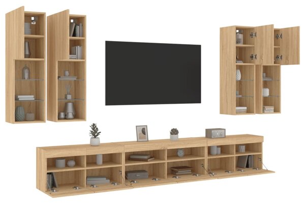 7 darab sonoma tölgy színű falra szerelhető TV-szekrény LED-del