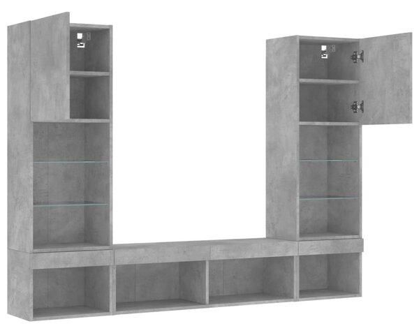 5 darab betonszürke szerelt fa fali TV-bútor LED-del