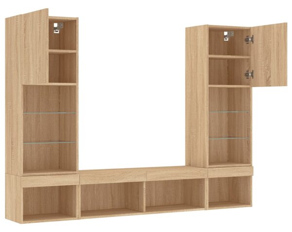 5 darab füstös tölgy színű szerelt fa TV-bútor LED-del