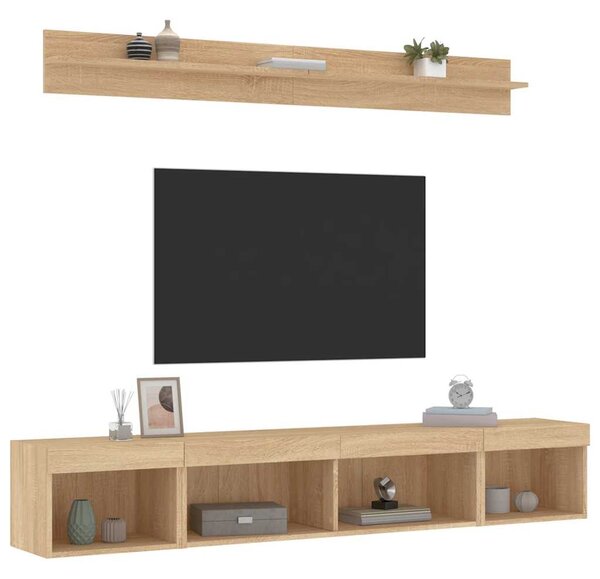 5 darab füstös tölgy színű szerelt fa TV-bútor LED-del