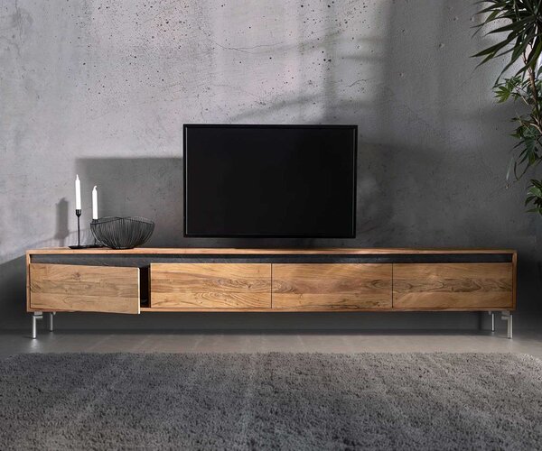 DELIFE TV szekrény Stonegrace 240 cm akác természetes 4 ajtós ovális rozsdamentes acél láb