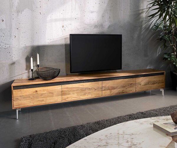 DELIFE TV szekrény Stonegrace 240 cm akác természetes 4 ajtós ovális rozsdamentes acél láb