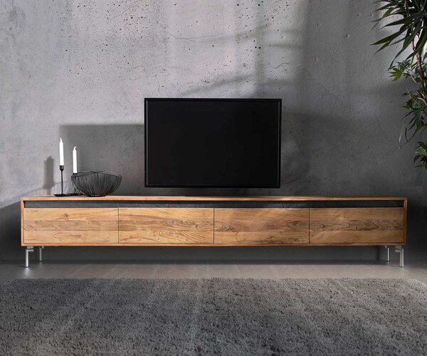 DELIFE TV szekrény Stonegrace 240 cm akác természetes 4 ajtós ovális rozsdamentes acél láb