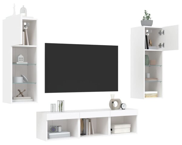 5 darab fehér szerelt fa fali TV-bútor LED-del