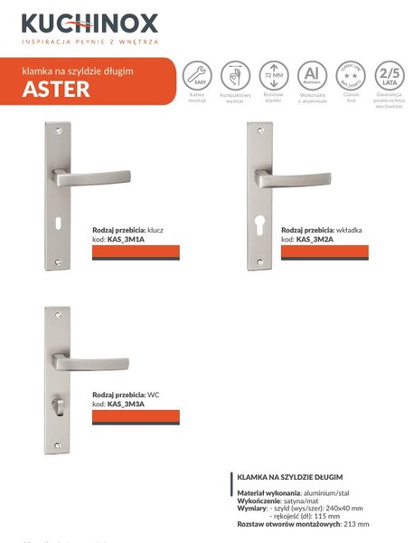 Kuchinox Aster, kilincs, hosszú szerelvényen, cilinderbetéthez, szatén matt, LAV-KAS_3M2A