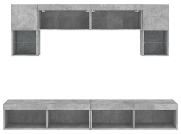 6 darab betonszürke szerelt fa fali TV-bútor LED-del