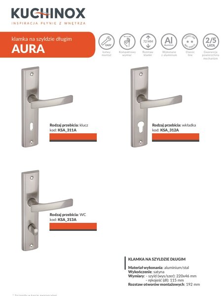 Kuchinox Aura, kilincs WC-zárhoz, hosszú szerelvényen, szatén, LAV-KSA_313A