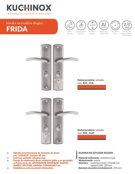 Kuchinox Frida, külső ajtókilincs hosszú szerelvényen, cilinderbetéthez, balos kilincs, szatén, LAV-KZC_312L
